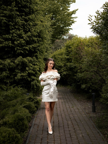 Off-the-Shoulder Ruffled Satin Mini Dress