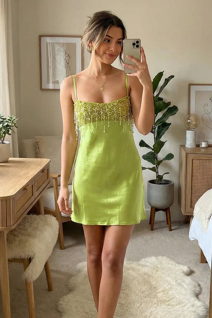 Beaded Fringe Satin Slip Mini Dress