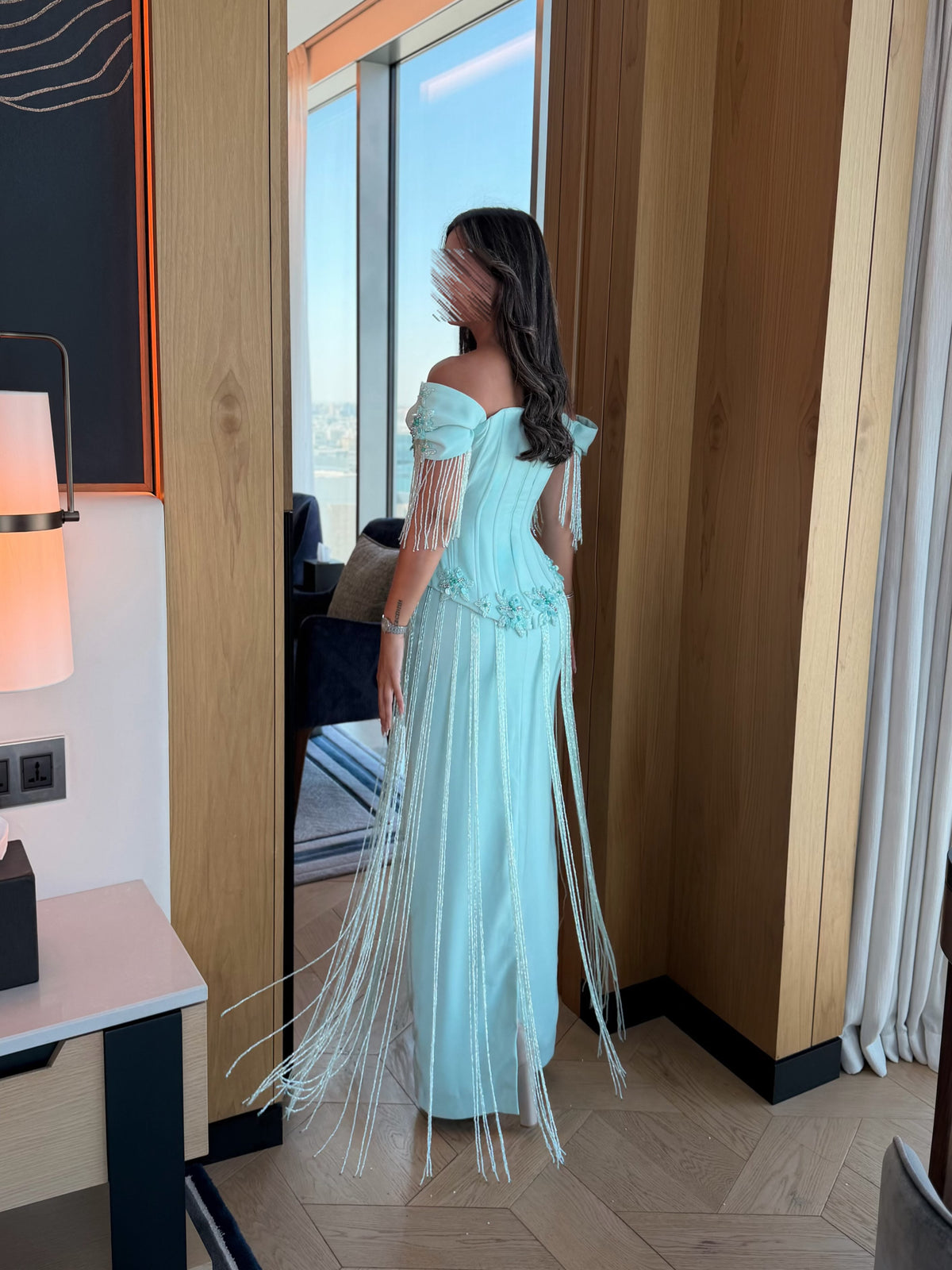 Off-the-Shoulder Corset Gown with Beaded Fringe