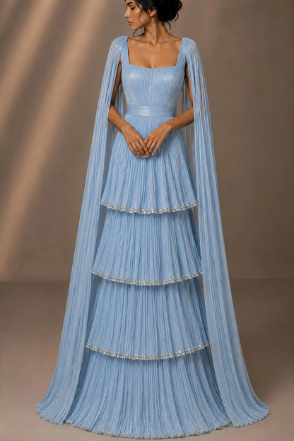 Tiered Pleated Evening Gown with Cape Sleeves