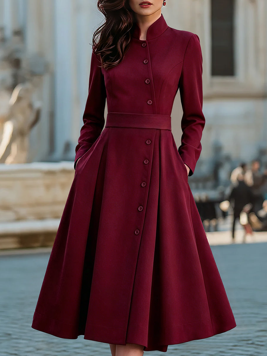Asymmetrical Button High Neck Midi A-Line Dress
