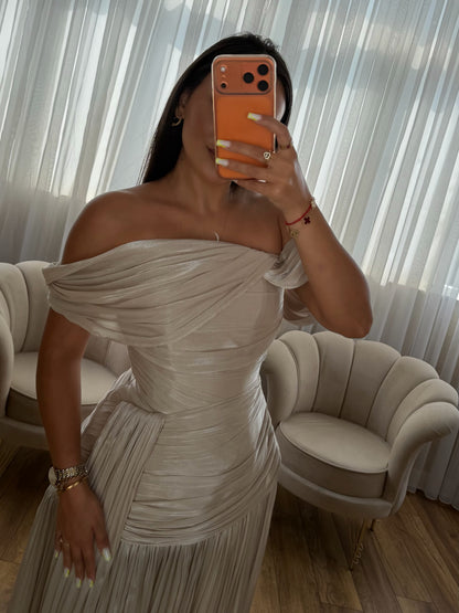 Pleated Off-the-Shoulder Evening Gown