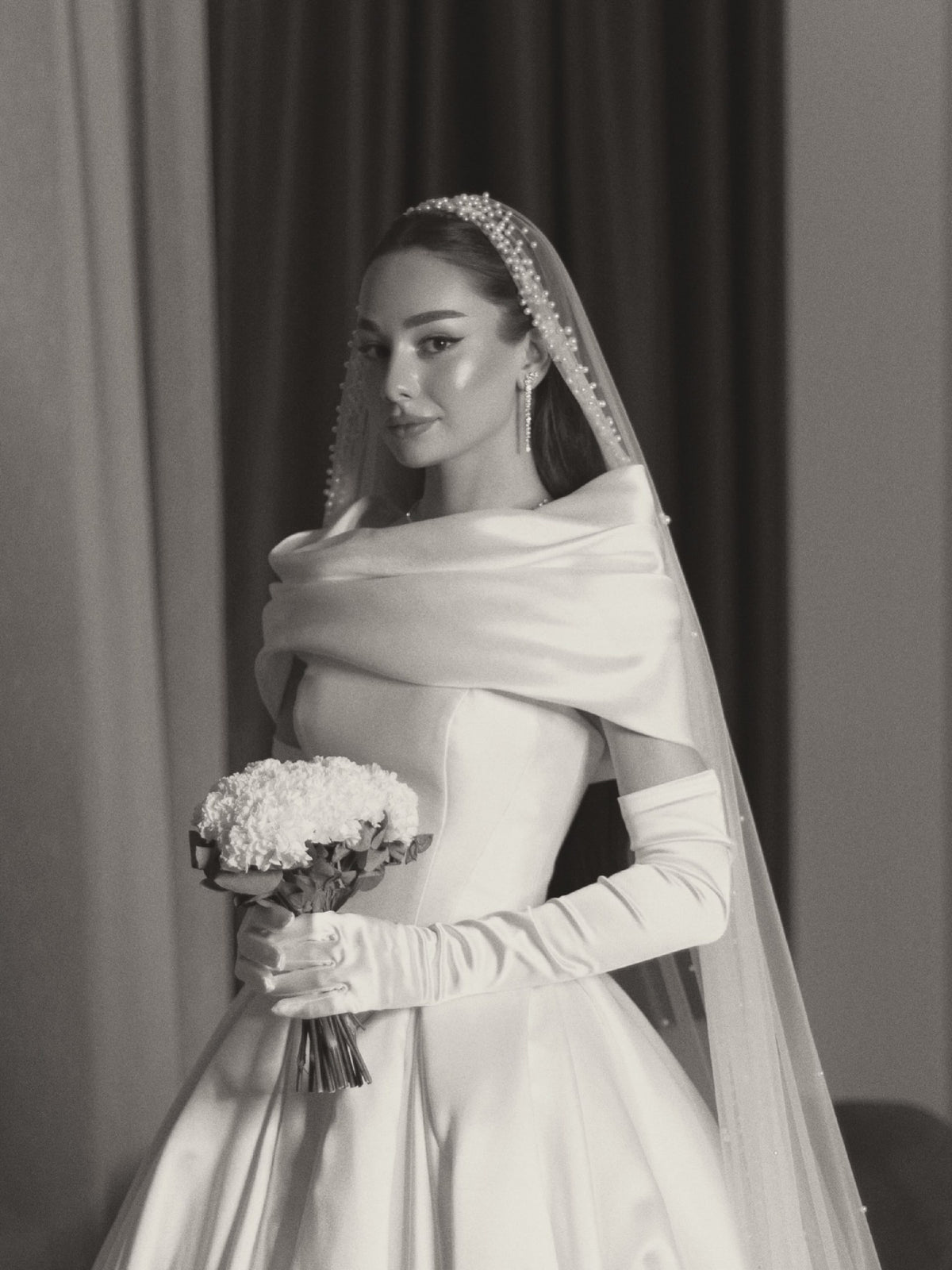 Draped Shawl Neckline Satin Ball Gown Wedding Dress