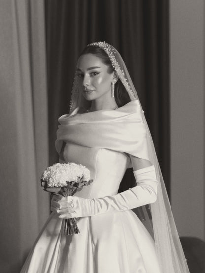 Draped Shawl Neckline Satin Ball Gown Wedding Dress