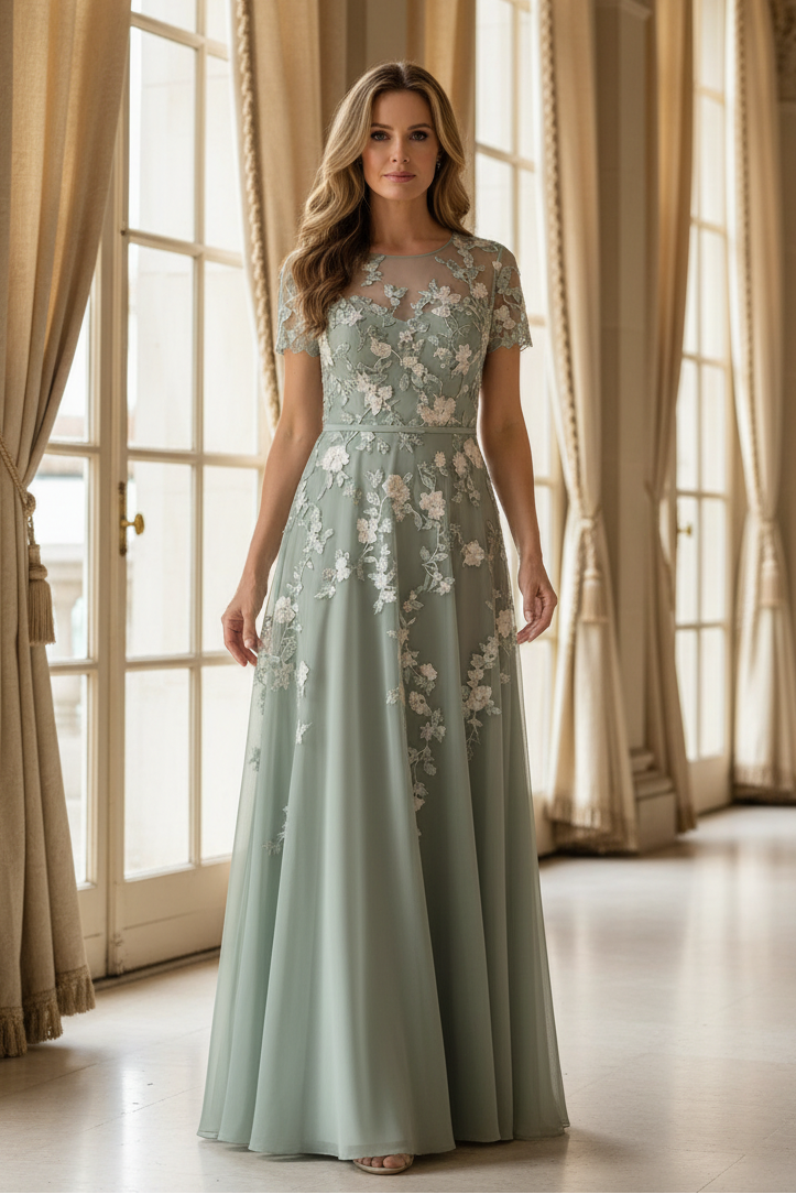 Embroidered Floral Illusion A-Line Maxi Dress