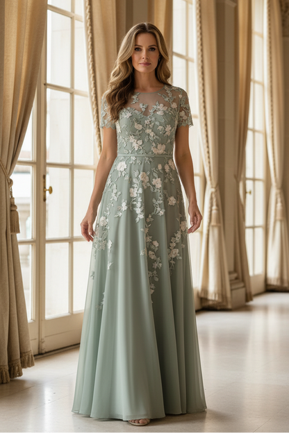 Embroidered Floral Illusion A-Line Maxi Dress