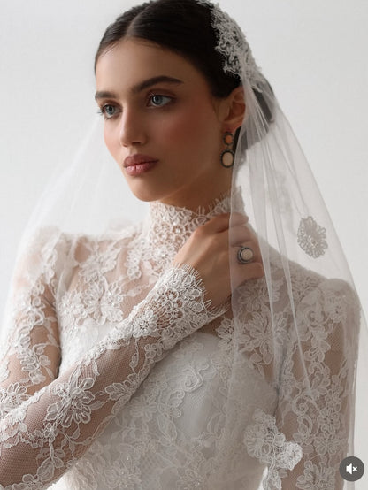 Vintage-Inspired High-Neck Lace Wedding Gown