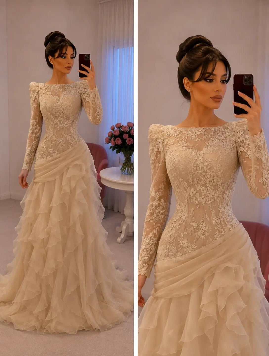 Lace Long Sleeve Tiered Ruffle Evening Gown
