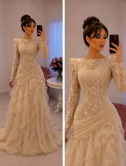 Lace Long Sleeve Tiered Ruffle Evening Gown