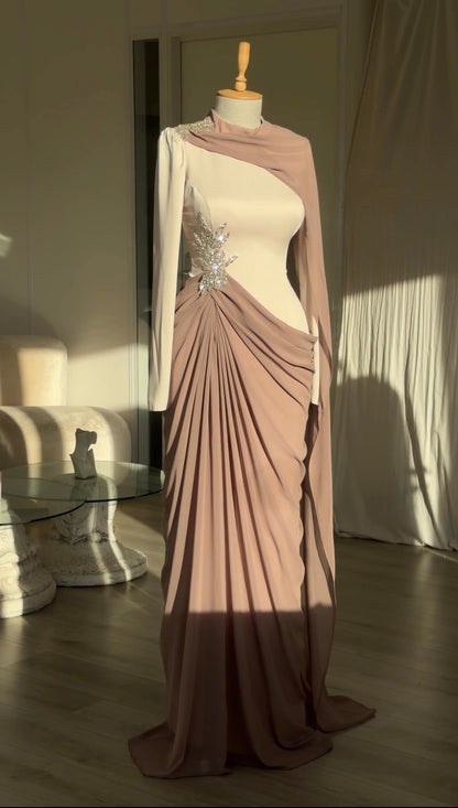 Draped Cape Gown with Crystal Embellishment