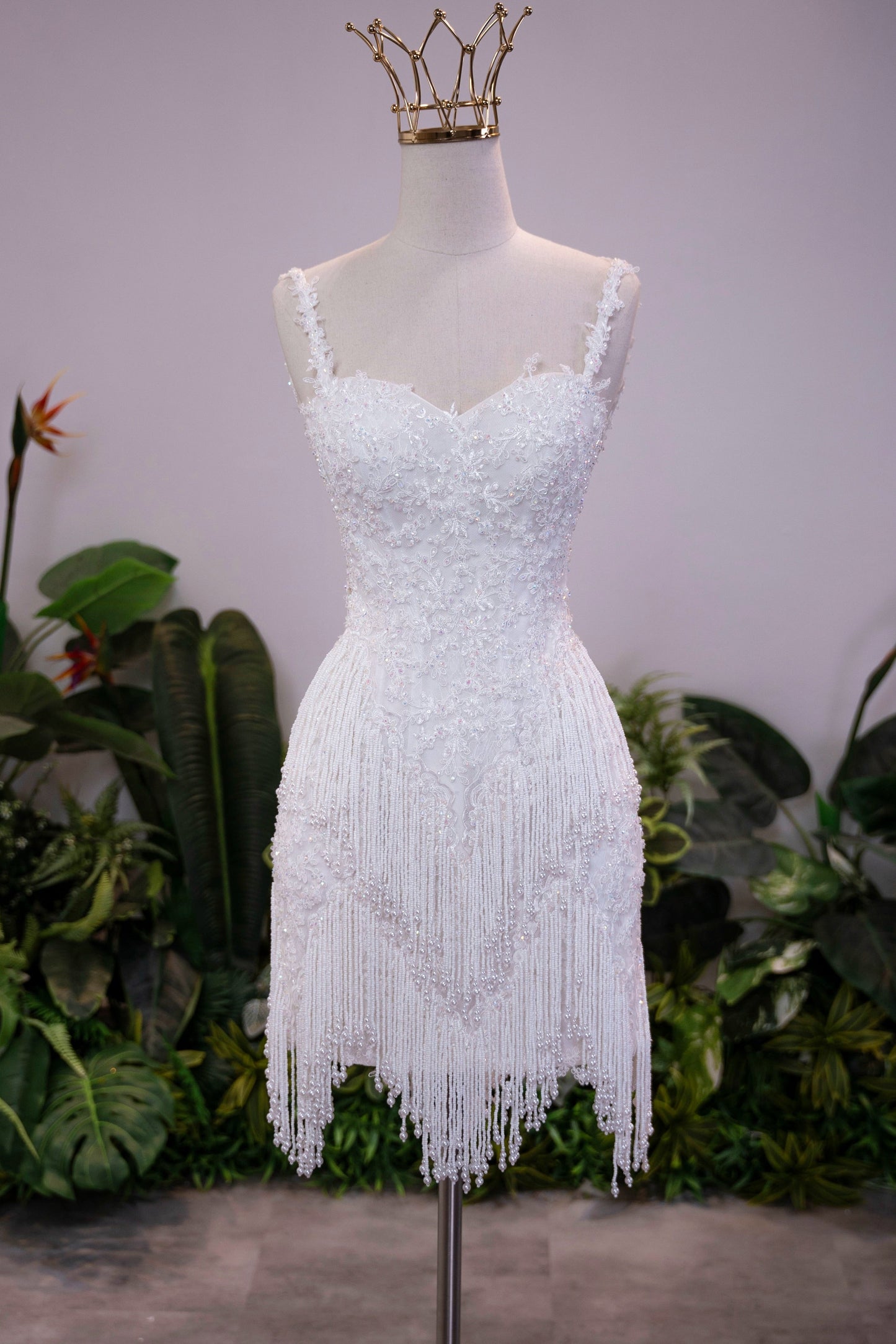 Fringe Beaded Sweetheart Mini Wedding Dress