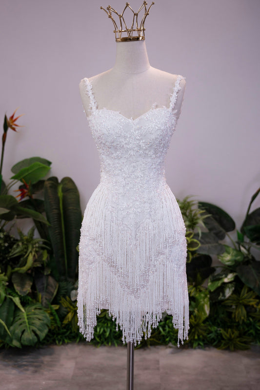 Fringe Beaded Sweetheart Mini Wedding Dress