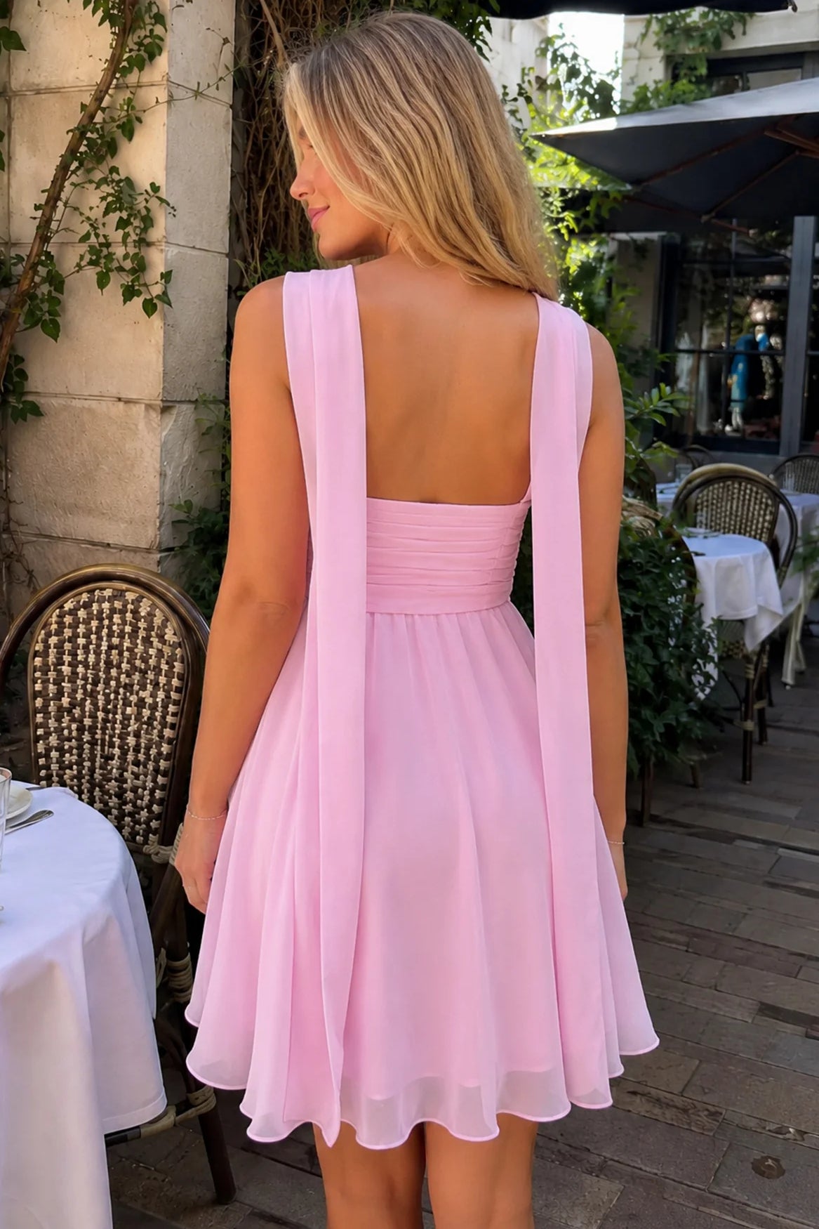 Strapless Ruched Chiffon Mini Dress with Scarf