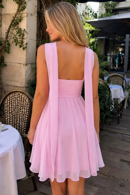 Strapless Ruched Chiffon Mini Dress with Scarf