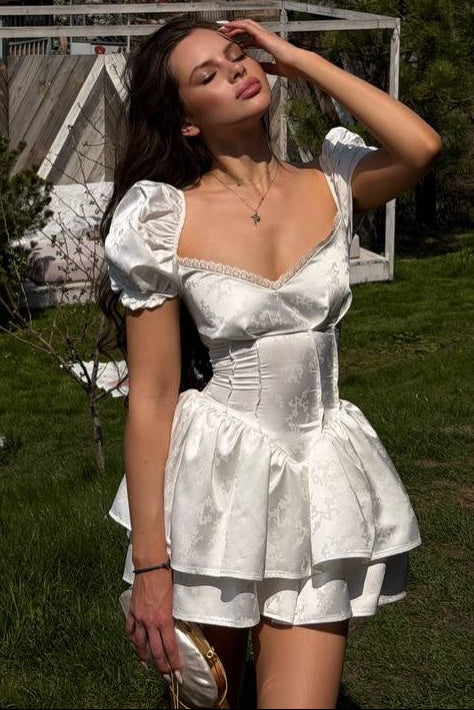 Jacquard Corset Puff Sleeve Tiered Mini Dress