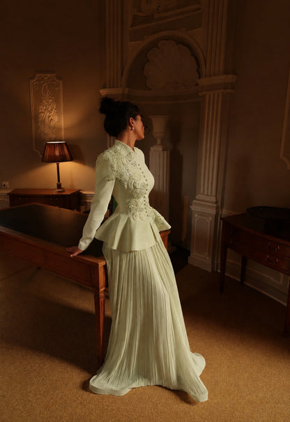 Embroidered Peplum Jacket and Pleated Skirt Set