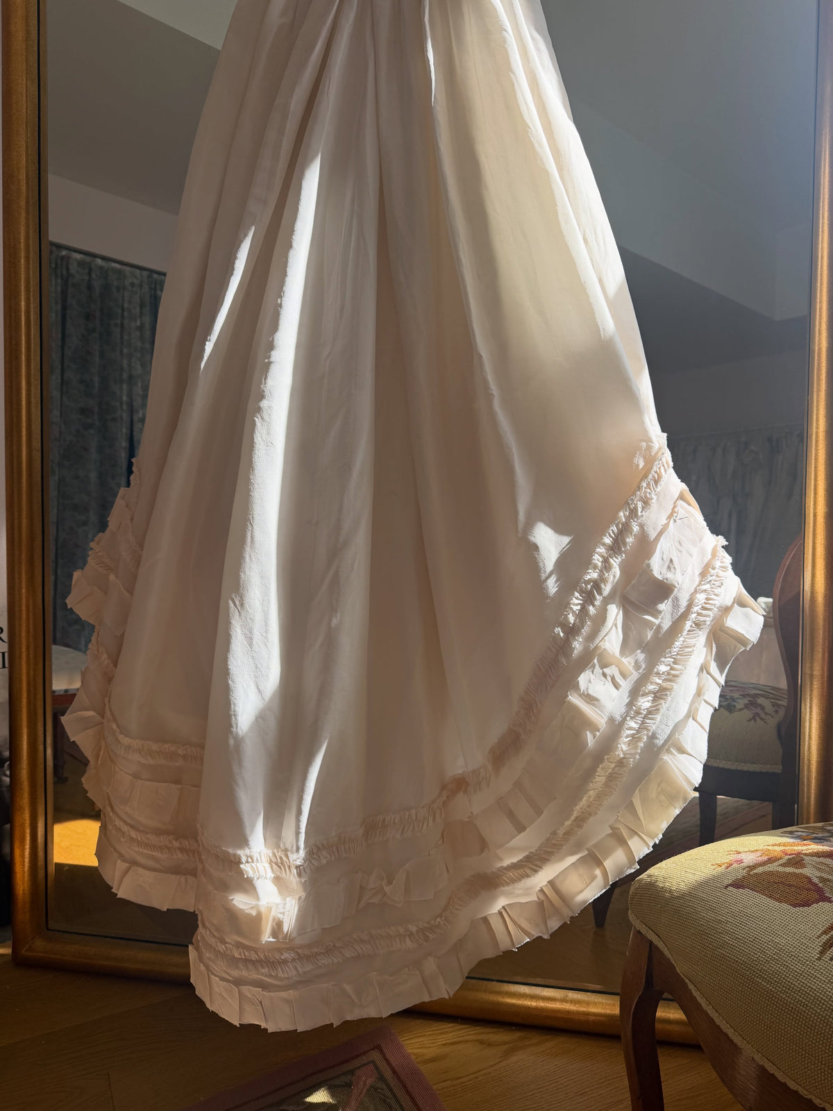 Pleated Bodice Ruffle Hem Wedding Dress