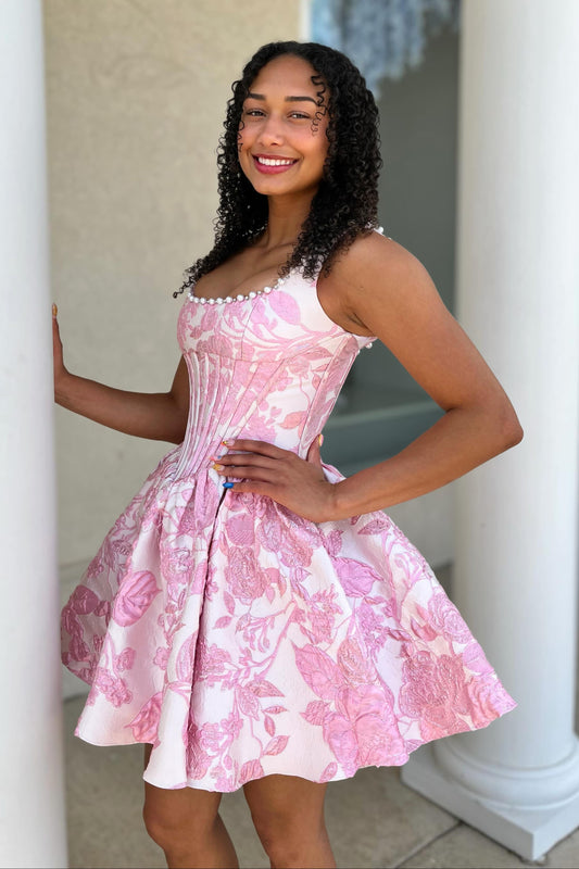 Floral Jacquard Corset Mini Dress with Pearl Trim