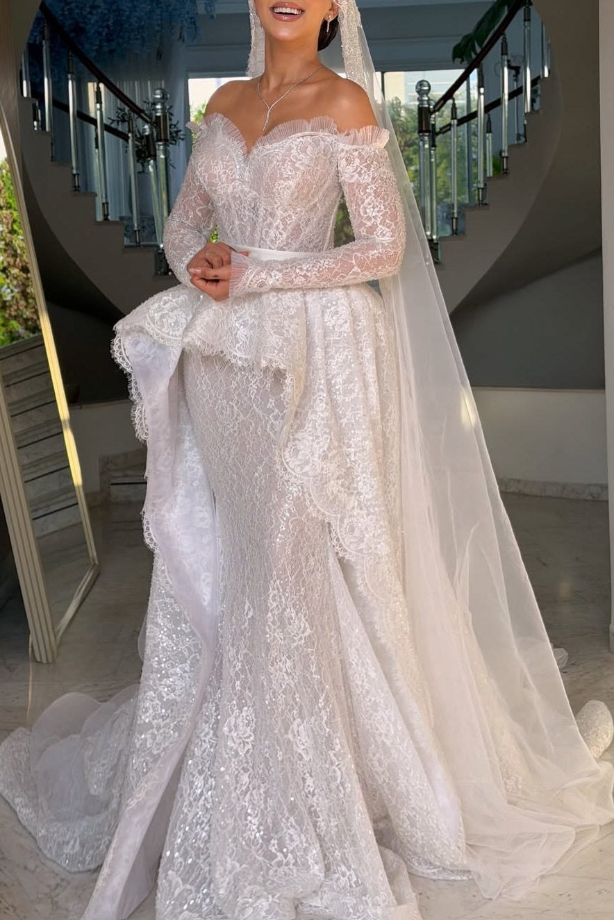Off-Shoulder Lace Mermaid Wedding Dress with Overskirt