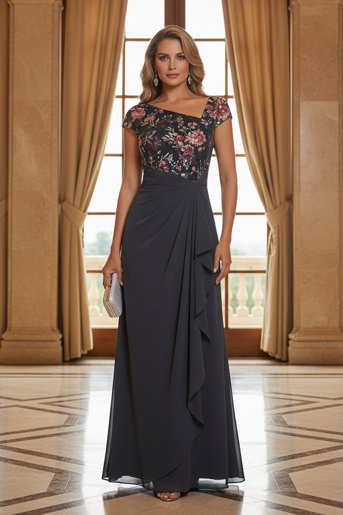 Sequined Floral Asymmetrical Gown with Side Ruffle