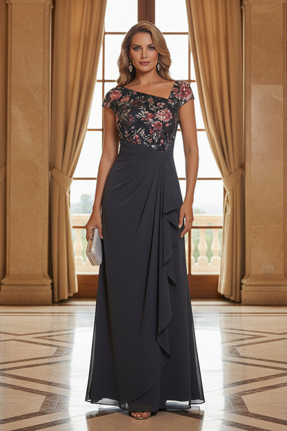 Sequined Floral Asymmetrical Gown with Side Ruffle