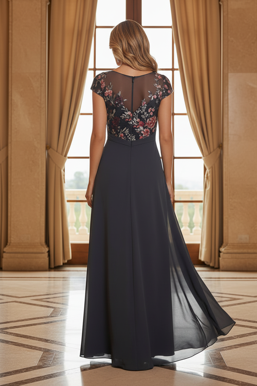 Sequined Floral Asymmetrical Gown with Side Ruffle