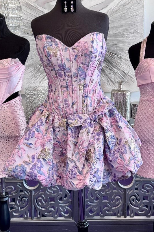 Strapless Floral Jacquard Bubble Skirt Corset Dress