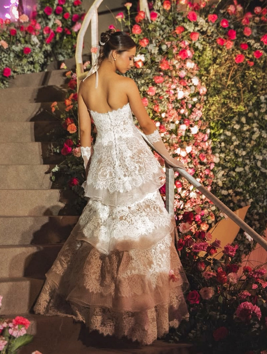 Strapless Tiered Lace Floor-Length Wedding Dress