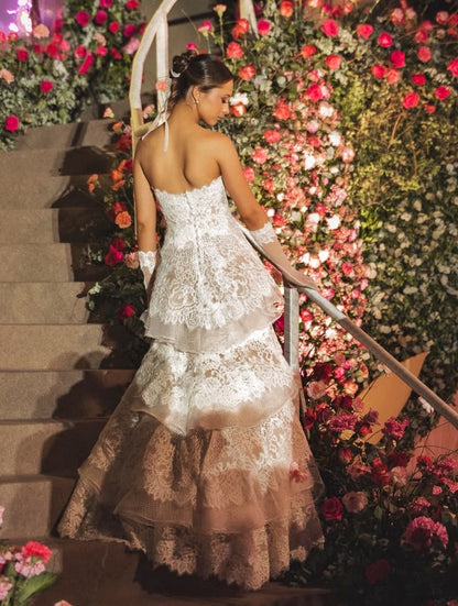 Strapless Tiered Lace Floor-Length Wedding Dress