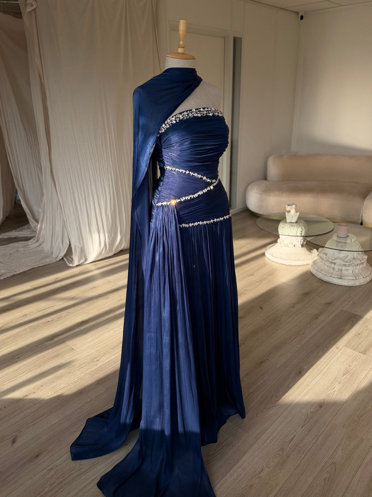 Ruched Column Gown with Draped Cape and Crystal Trim