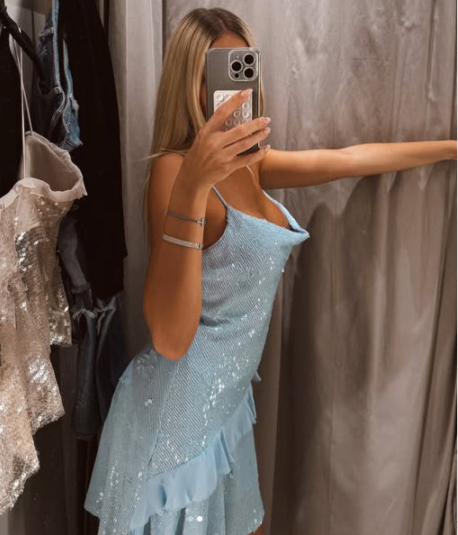 Asymmetrical Sequin Cowl Neck Mini Dress