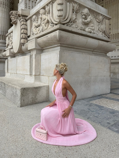 Pleated Plunge Halter Maxi Dress with Tie Back