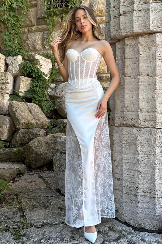 Strapless Corset Lace and Satin Sheath Bridal Gown