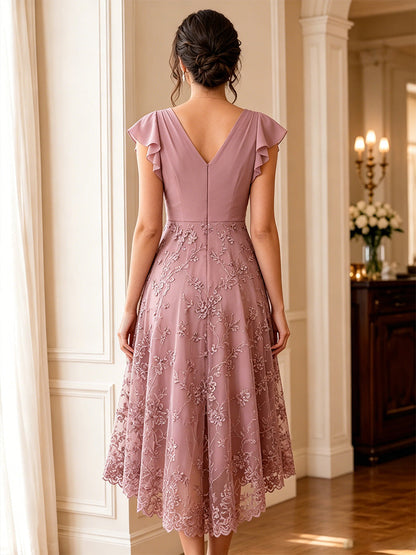V-Neck Flutter Sleeve High-Low Lace Dress