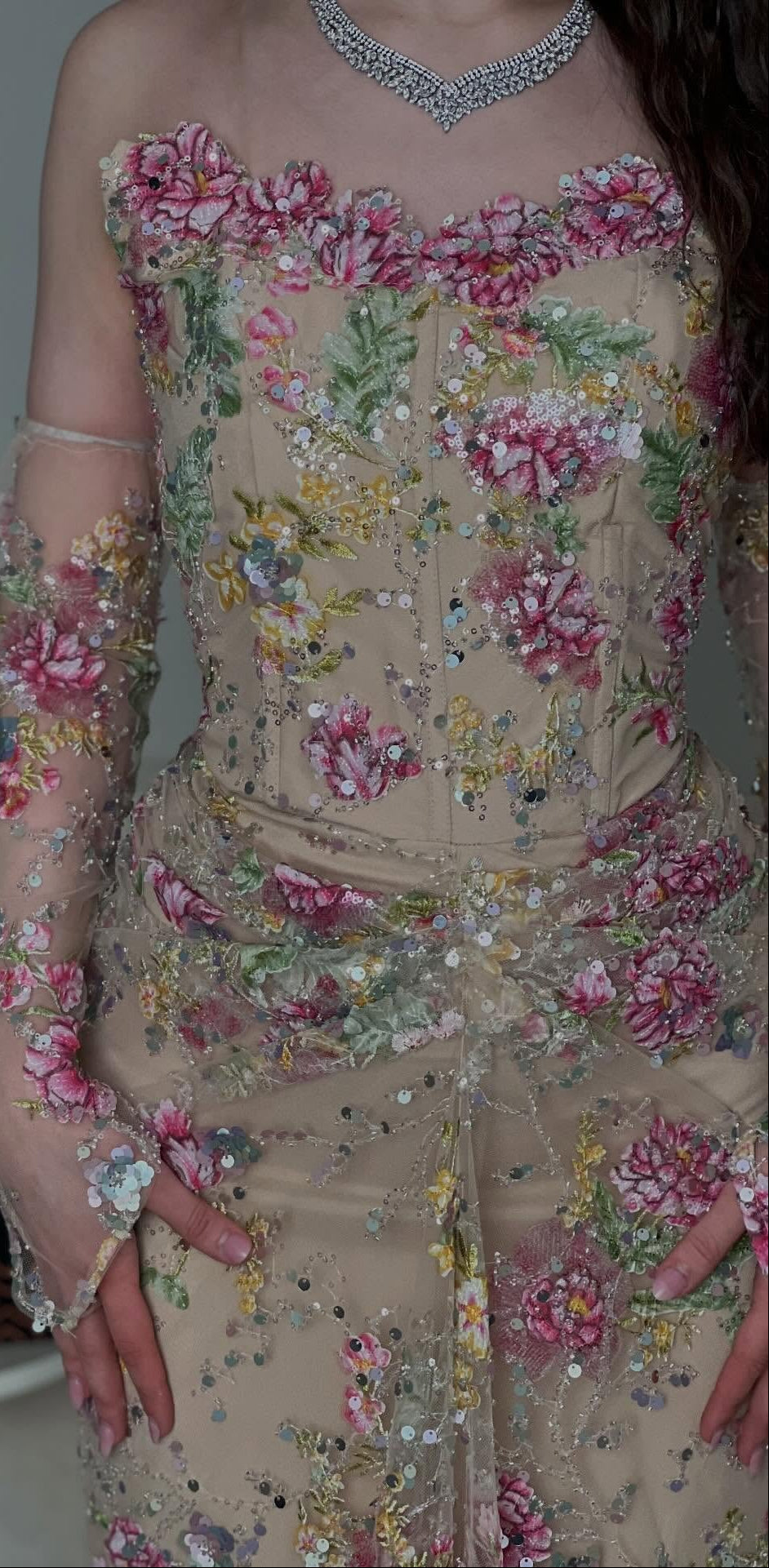 Floral Sequin Corset Evening Gown with Sleeves