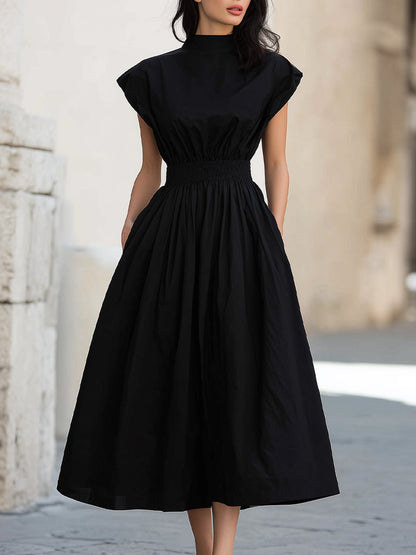 High Neck Midi Dress with Smocked Waist