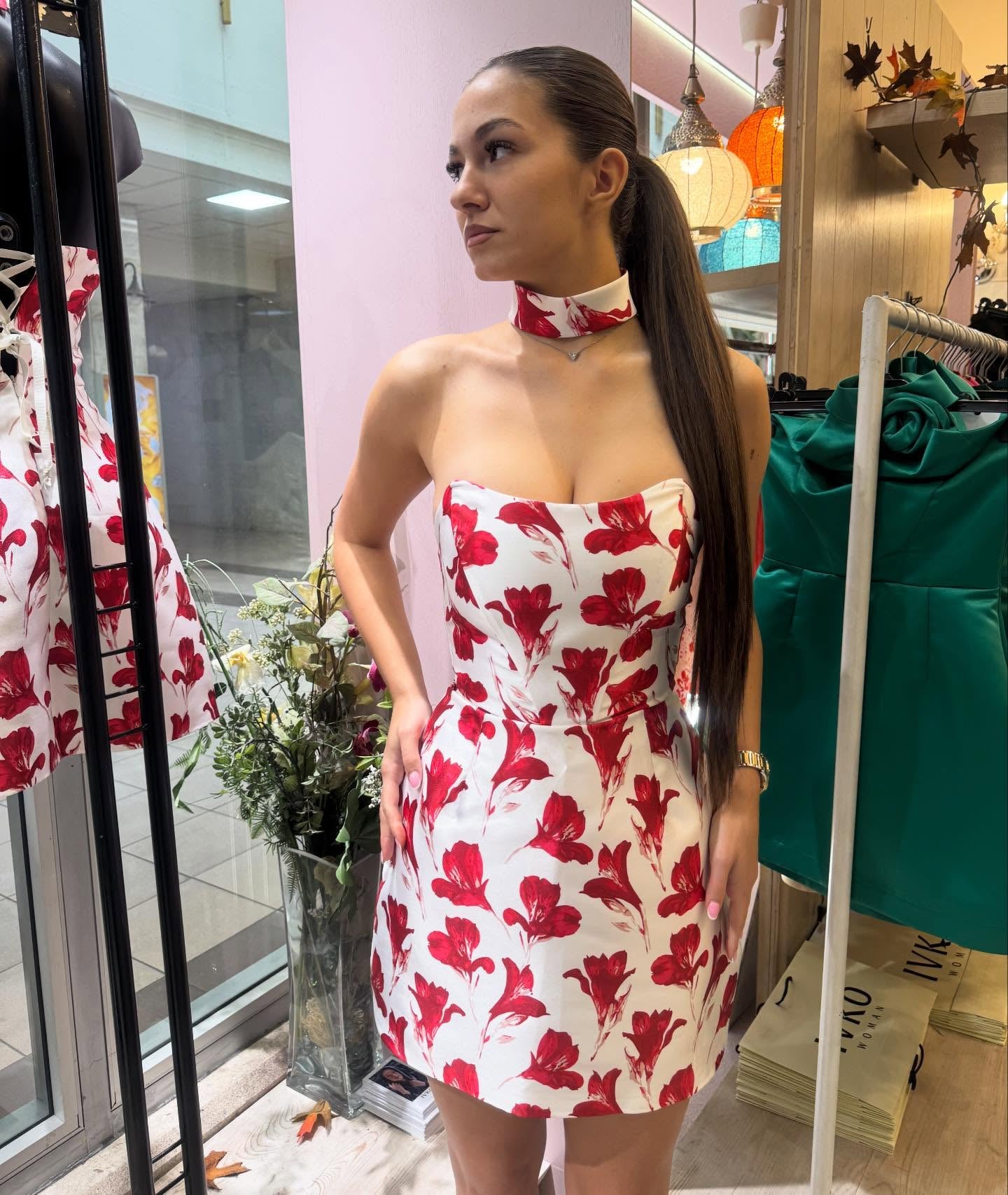 Strapless Floral Print Mini Dress with Choker