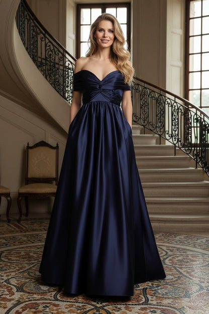 Off-the-Shoulder Pleated Bodice Satin Ball Gown