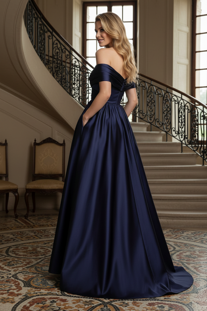 Off-the-Shoulder Pleated Bodice Satin Ball Gown
