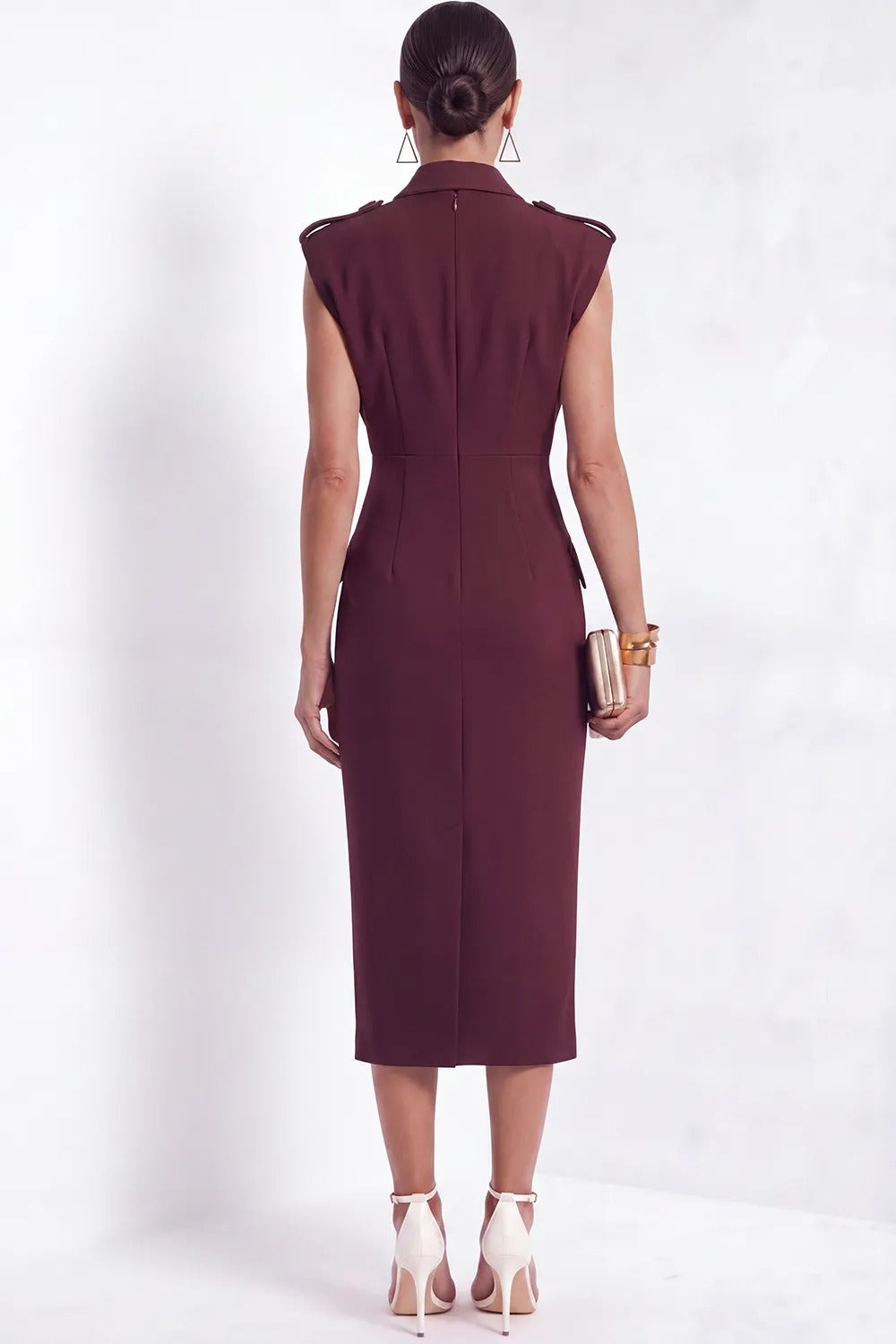 Draped Lapel Sleeveless Midi Tuxedo Sheath Dress