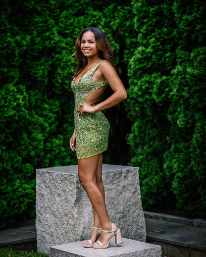 Beaded Plunging V-Neck Mini Dress with Side Cutouts
