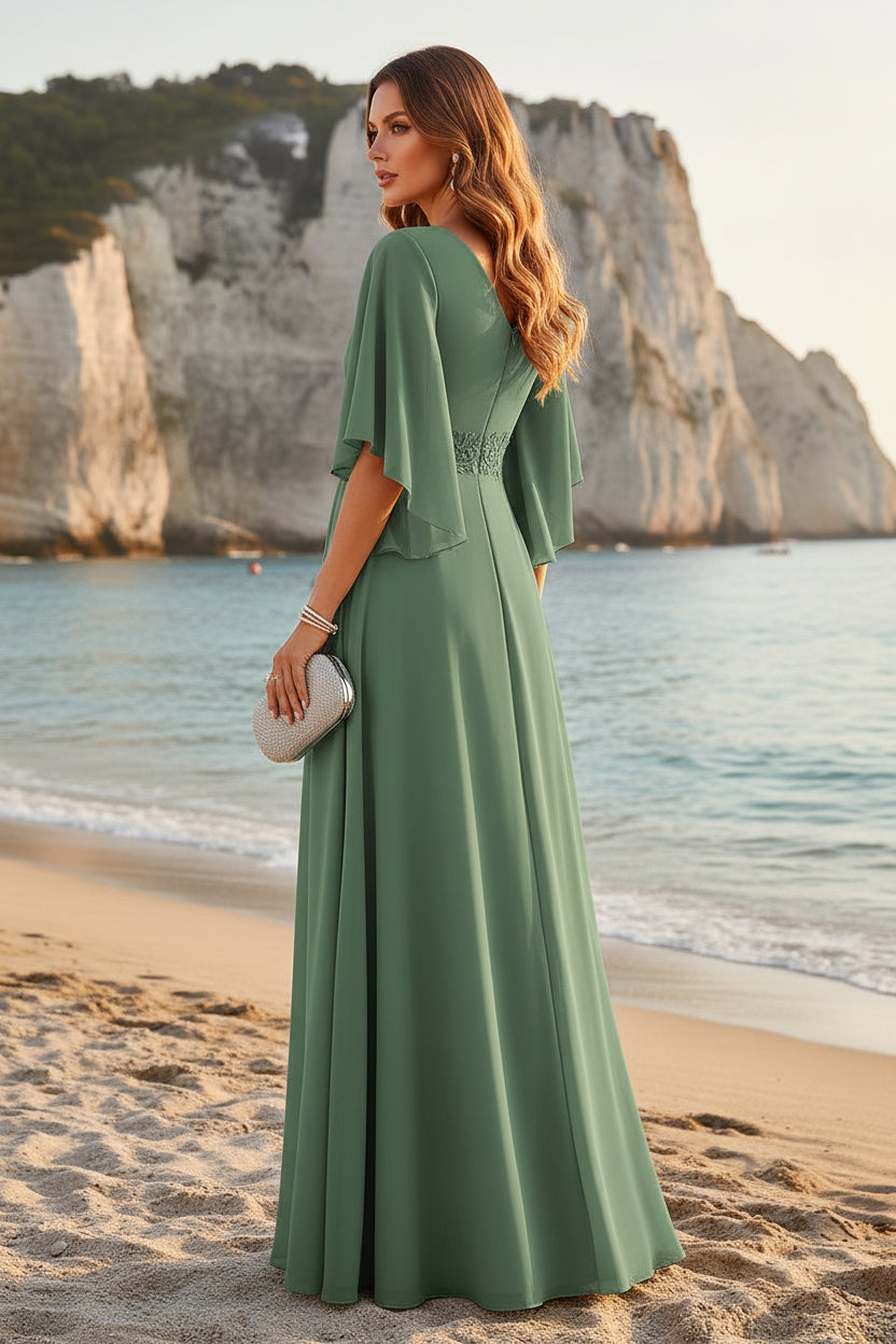 Chiffon A-Line Gown with Flutter Sleeves and Lace Waist