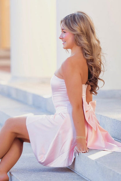 Strapless Satin Mini Dress with Back Bow