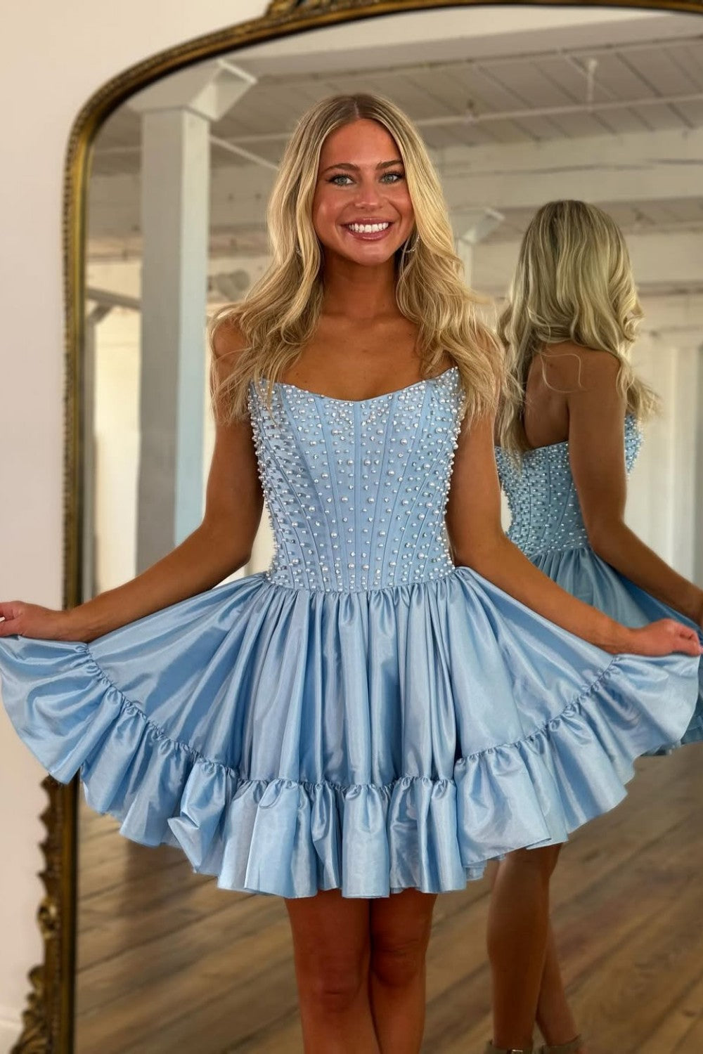 Pearl-Embellished Strapless Corset Bubble Mini Dress