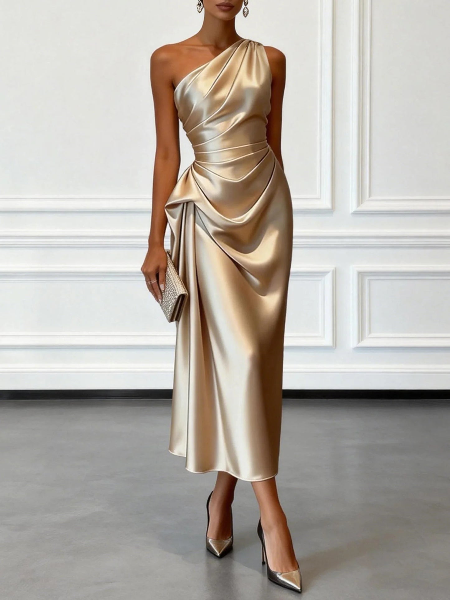 One-Shoulder Draped Satin Midi Dress