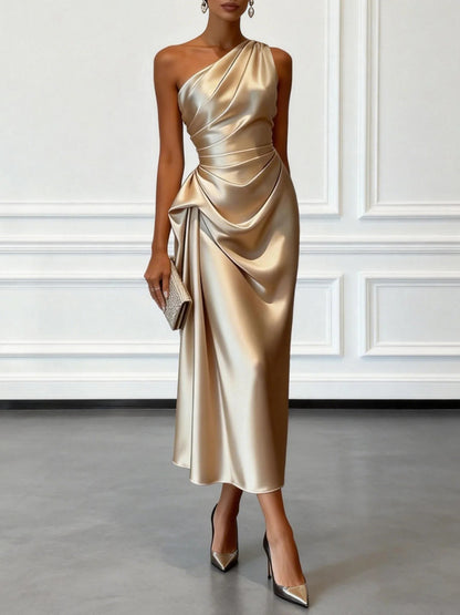One-Shoulder Draped Satin Midi Dress