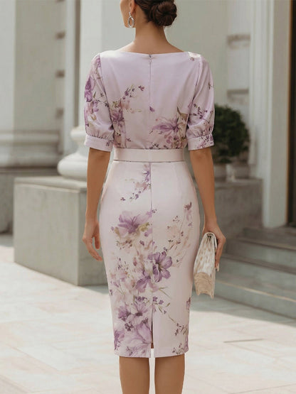 Floral Cowl Neck Midi Sheath Dress with Waistband