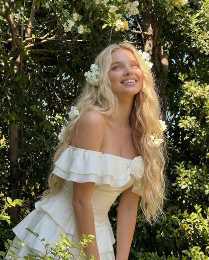 Off-Shoulder Tiered Ruffle Mini Dress with 3D Rose