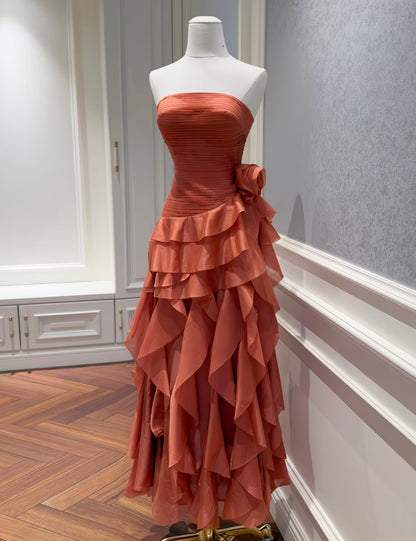Strapless Asymmetrical Ruffled Evening Gown
