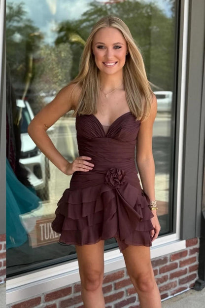 Strapless Tiered Ruffle Mini Dress with Flower Detail